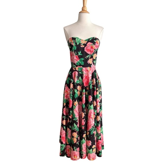 HOLLY SHARP Vintage 80s Floral Strapless MIDI Dress Full Circle Skirt Size Small - Picture 14 of 14